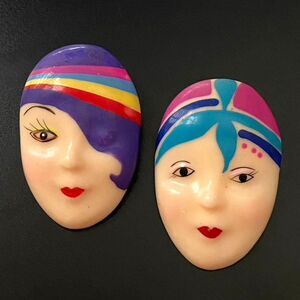 Vintage Art Deco Lady Face Head Brooch Lot of 2 Figural Brooches